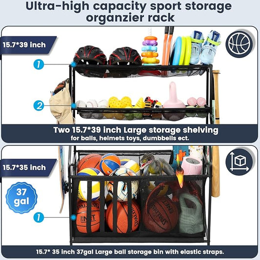 Kinghouse Garage Sports Equipment Organizer with 37 Gal Ball Storage Bin, Sports Rack with Hooks Elastic Straps for Basketball, Soccer, Tennis, Stick, Racket, Nerf Gun, Toy, Indoor, Outdoor