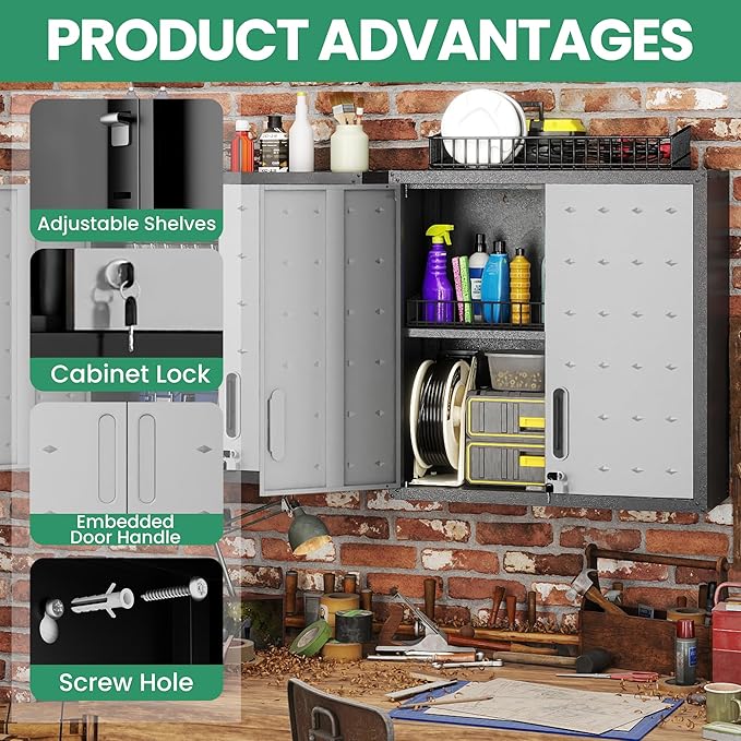 Metal Tool Cabinet,Garage Storage Cabinet System,Wall Cabinet & Locking Rolling Tool Cabinet with Doors and Adjustable Shelves,Steel Tool Cabinets for Home (2 Pcs-Wall-Style CC, Black & Grey)