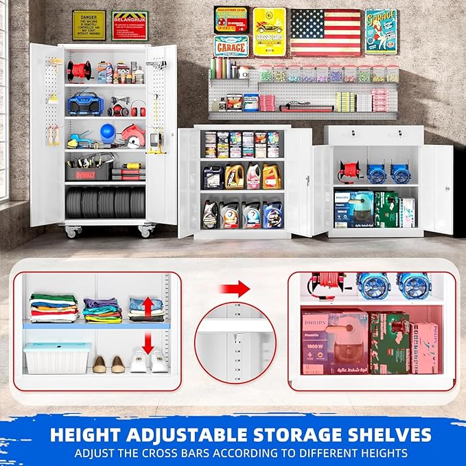 INTERGREAT Metal Garage Storage Cabinets, Lockable Rolling Tool Cabinet with Pegboard and Shelves, 75" Tall Heavy-Duty File Cabinet with Wheels for Garage, Basement, Warehouse, White