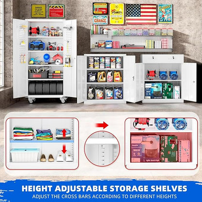 INTERGREAT Metal Garage Storage Cabinets, Lockable Rolling Tool Cabinet with Pegboard and Shelves, 75" Tall Heavy-Duty File Cabinet with Wheels for Garage, Basement, Warehouse, White