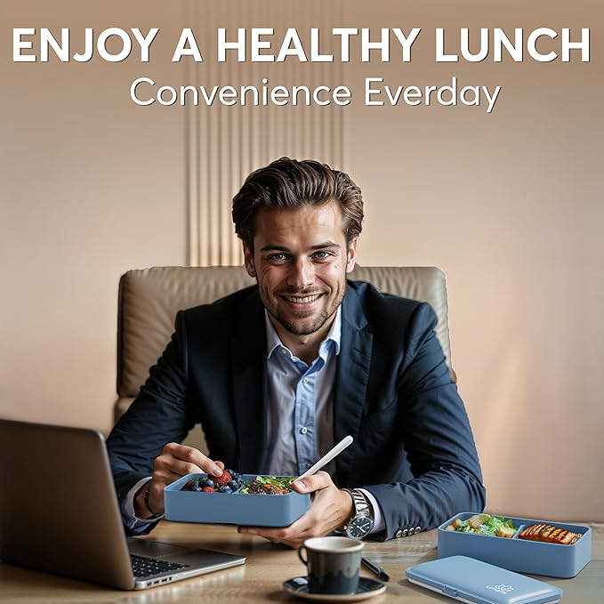 Umami Bento Box Adult All-In-1 w/4 Utensils, 2 Sauce Jar, 2 Dividers, 100% Leakproof, Microwave & Dishwasher Safe, Stackable Bento Lunch Box Containers for Men/Women, Denim Blue, 40 oz