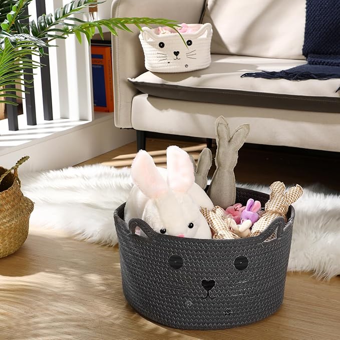 Zopeal Cat Basket Storage Woven Organizer with Ears Easter Decorative Gift Pet Toy Cute Cotton Rope Basket for Gift Cat Dog Toy Bin Nursery Room(13.7 x 7.8 Inch,Dark Grey)