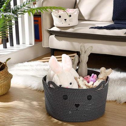 Zopeal Cat Basket Storage Woven Organizer with Ears Easter Decorative Gift Pet Toy Cute Cotton Rope Basket for Gift Cat Dog Toy Bin Nursery Room(13.7 x 7.8 Inch,Dark Grey)