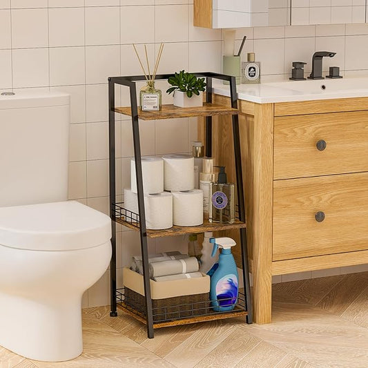 3-Tier Bathroom Shelf with Fence, Retro Bathroom Organizers and Storage Stand, Wood Shelving Unit with Metal Frames, Classic Open Floor Storage Shelves for Bathroom, Laundry Room, Living Room