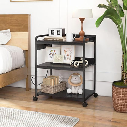 Livofloral Printer Stands with Charging Station, 25.2 x 18.9 Inch Large Printer Stand with Wheels for Home Office, 3 Tier Printer Table with Power Outlet USB Port, Printer Shredder Stand, Black