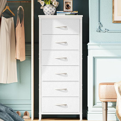 Huuger 43.3 Inch Tall Dresser for Bedroom, 6 Drawer Dresser & Chests of Drawers, Fabric Dresser for Closet, Bedroom, Night Stand, End Table with Metal Frame, Storage Tower with Fabric Bins, White