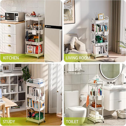 4 Tier Rolling Cart Organizer,Art Craft Diaper Bedside Snack Laundry Room Bathroom Organizer Narrow Thin Slim Rolling Trolley Utility Cart with Wheels for Kitchen,Office(White)