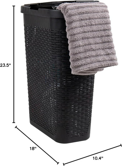 Mind Reader Slim Laundry Hamper with Lid, 40L Clothes Basket, Premium Wicker Design, Plastic, Black