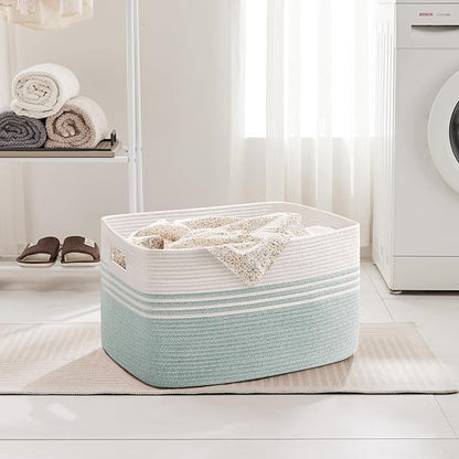 72L Large Laundry Basket for Living Room Storage, Woven Rope Baskets Bin for Blanket, Kids Toy, Gifts, Wicker Hamper for Bedroom Dirty Clothes, 22"x17"x12"White Green
