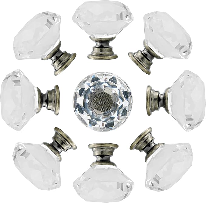 YourGift 12 Pack Drawer Knobs Diamond Shaped Crystal Glass 40mm Cabinet Knobs Pull Handles (40 mm, 12 Pack, Bronze)