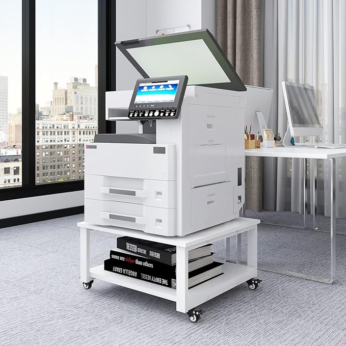 Natwind 2 Tier Laser Printer Stand,23.6''x23.6'' Large Printer Table,Copier Stand with Wheels, Heavy Duty Rolling Printer Cart with Paper Storage Shelf for Home Office (White)
