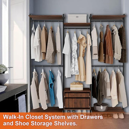 Wall-Mounted Steel & Wood Closet Organizer System with 4 Adjustable Shelves, 5 Hanging Rods, and 2 Drawers – Modern Open Wardrobe, Walnut