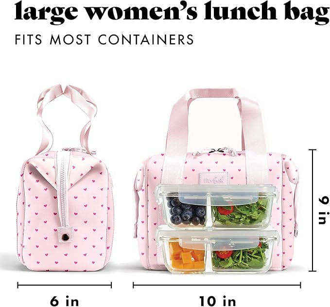 Fit & Fresh Neoprene Lunch Bag For Women, Insulated Womens Lunch Bag For Work, Tear & Stain Resistant Large Lunch Box For Women With Containers and Ice, Machine Washable Remi Bag, Tiny Hearts