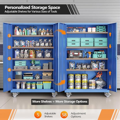 VINGLI Large Metal Storage Cabinet with 2 Doors and 5 Adjustable Shelves, Upgraded Height & Wide & Deep, 43''W x 20''D x 72''H, Oversized Garage Storage Cabinet with Wheels and Locks (Blue)