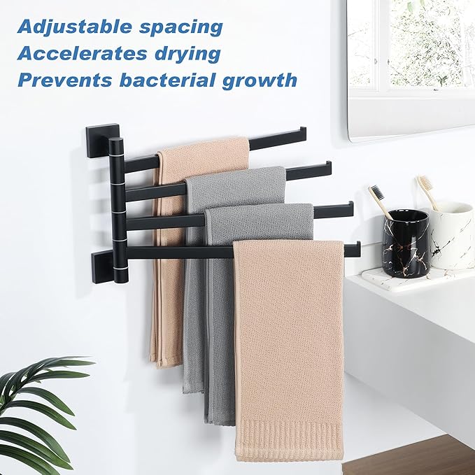 Alise Swivel Towel Rack, 4-Arm Towel Bar, Space Saving Towel Rack Wall Mount Drying Towel Holder, Swing Out Towel Holder for Bathroom Kitchen Toilet, Square SUS304 Stainless Steel, Matte Black