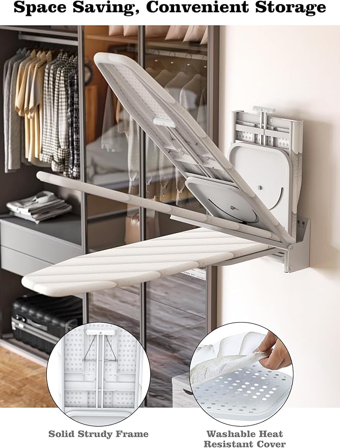 uyoyous Heavy Duty Ironing Board Wall Mounted 37.8x11.8 Inch, Foldable Space-Saving Ironing Holder with Heat Resistant Cover, Perfect for Small Spaces, Home & Laundry Room