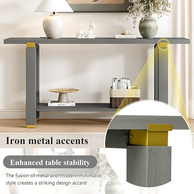 62.9" Modern Minimalist Console Table, Solid Wood Entryway Sofa Table with Metal Accents, 2-Tier with Open Shelf and Built-in Shelf for Living Room, Hallway (Gray-J22)