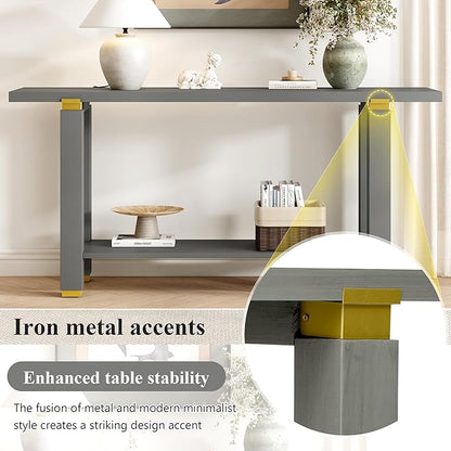 62.9" Modern Minimalist Console Table, Solid Wood Entryway Sofa Table with Metal Accents, 2-Tier with Open Shelf and Built-in Shelf for Living Room, Hallway (Gray-J22)