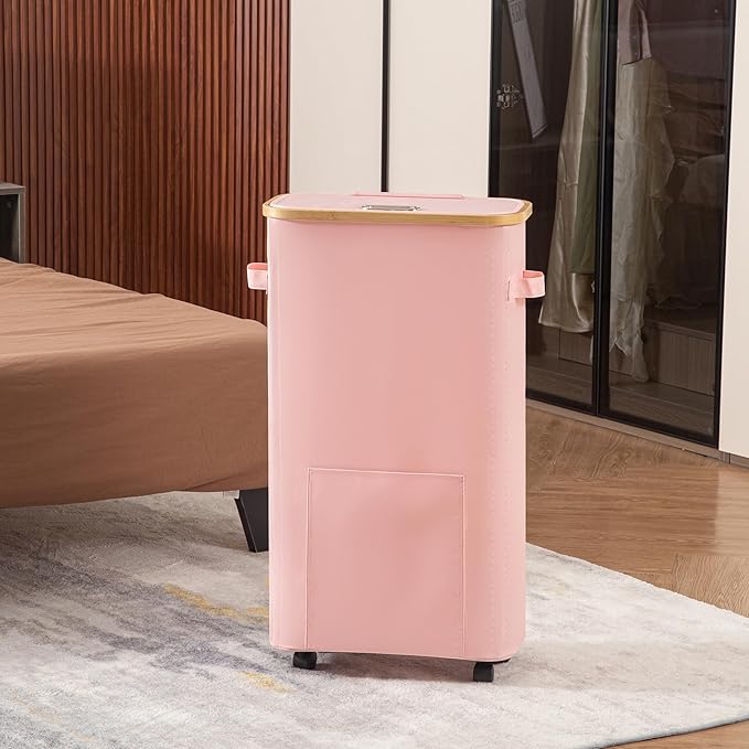 Laundry Basket with Wheels, Tall Dirty Clothes Hamper on Wheels, Rolling Laundry Hamper with lid for Dorm, Bedroom and Bathroom