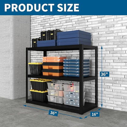 Shelving Units and Storage, 1800LBS Garage Storage Shelves, 3 Tier Shelving Unit, Steel Industrial Shelving, Adjustable Standing Shelf for Garage, Home, Warehouse 36" H x 36" W x 16" D, Black