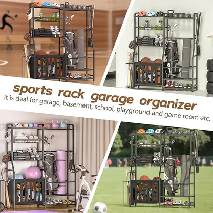 Garage Sports Equipment Organizer, Golf Bag Storage Rack, Heavy Duty Ball Holder with Basket & Hooks, Indoor/Outdoor Basketball Storage Bins for Toy Sports Gear Storage