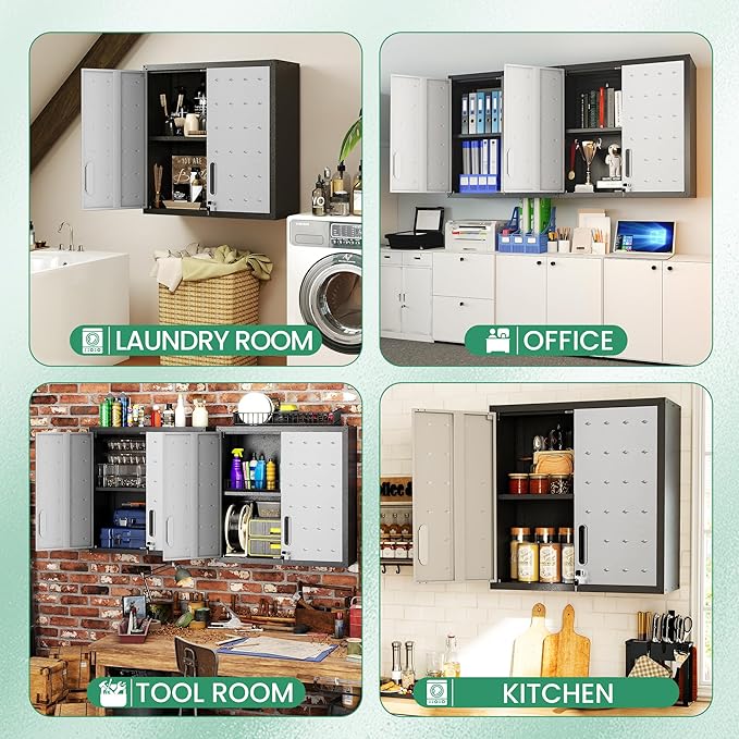 Metal Tool Cabinet,Garage Storage Cabinet System,Wall Cabinet & Locking Rolling Tool Cabinet with Doors and Adjustable Shelves,Steel Tool Cabinets for Home (2 Pcs-Wall-Style CC, Black & Grey)