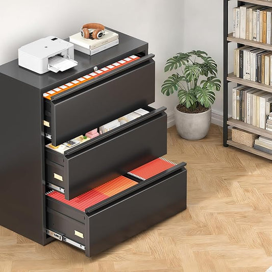 Bonusall File Cabinet, Lateral Filing Cabinet, 3 Drawer Metal File Cabinet with Lock, Lockable Filing Cabinet for Home Office, Hanging Files Letter/Legal/A4/F4 - Black