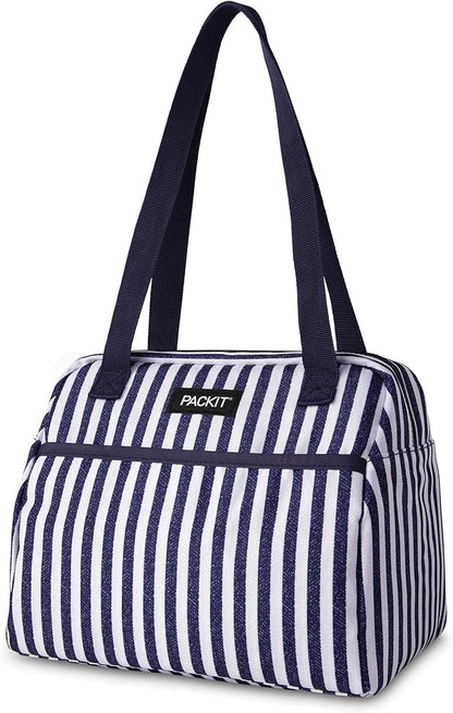 PackIt® Freezable Hampton Lunch Bag, Seaside Stripe, Built with EcoFreeze® Technology, Collapsible, Reusable, Zip Closure with Front Pocket and Shoulder Straps, Designed for Fresh Office Lunches
