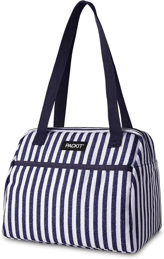 PackIt® Freezable Hampton Lunch Bag, Seaside Stripe, Built with EcoFreeze® Technology, Collapsible, Reusable, Zip Closure with Front Pocket and Shoulder Straps, Designed for Fresh Office Lunches