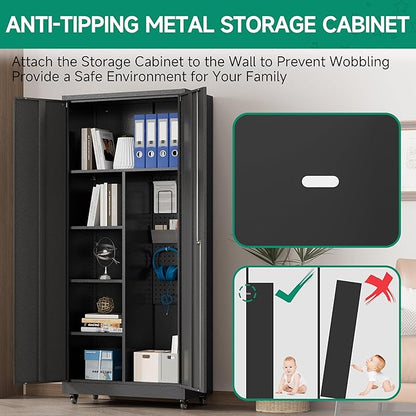 Metal Garage Storage Cabinet with Wheels, Locking Doors and Adjustable Shelves - Tall Black Cabinet for Office, Home, Garage, Shop