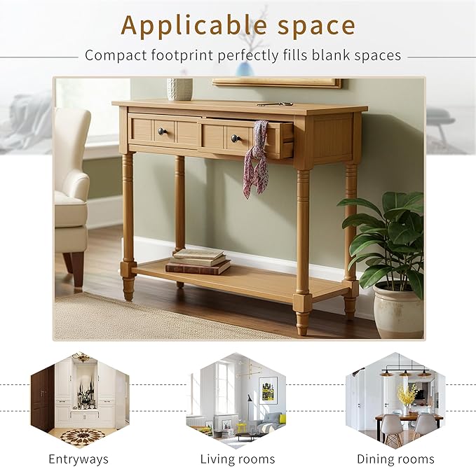 35.34" Console Table Traditional Design with Two Drawers and Bottom Shelf,Natural