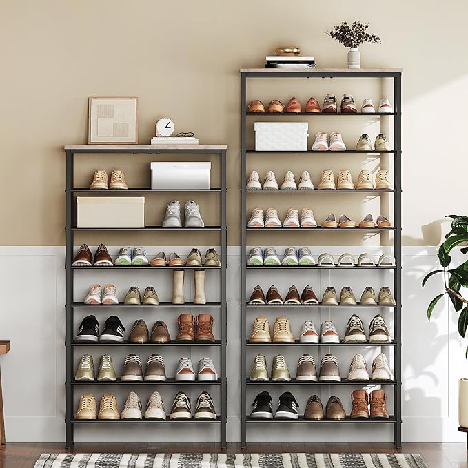 8 Tier Shoe Rack, Shoe Storage Organizer, Large Capacity Shoe Shelf Holds 32 Pairs of Shoes, Sturdy and Stable, for Entryway, Hallway, Closet, Dorm Room, Greige and Black SS08BG
