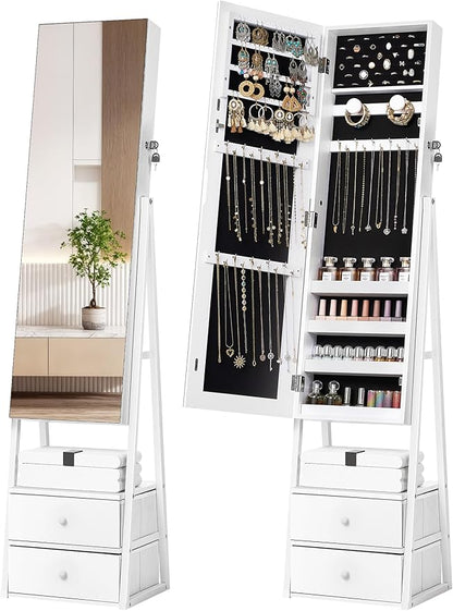 Nicetree Jewelry Cabinet Armoire with 2 Drawers, Lockable Standing Mirror Jewelry Cabinet, Full Length Mirror with Jewelry Storage, Christmas Gifts, White