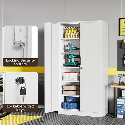 Metal Storage Cabinet with Lock, 71" White Garage Cabinets with 2 Doors and 5 Adjustable Shelves, Steel Locking Caninets Tall Tool Utility Caninet, Lockable File Cabnet for Home Office, Pantry