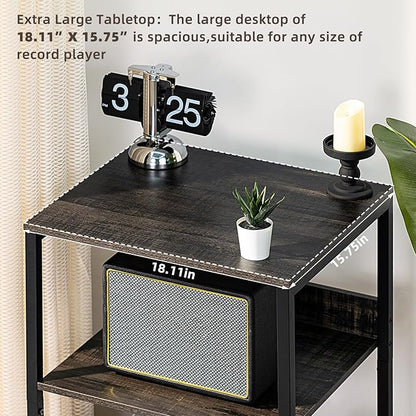 LELELINKY 3 Tier Farmhouse Drak Gray End Table, Large 18" Wide Record Player Tables with Vinyl Storage Shelf, Industrial Turntable Printer Stands, Modern Side Tables for Living Room, Bedroom, Office