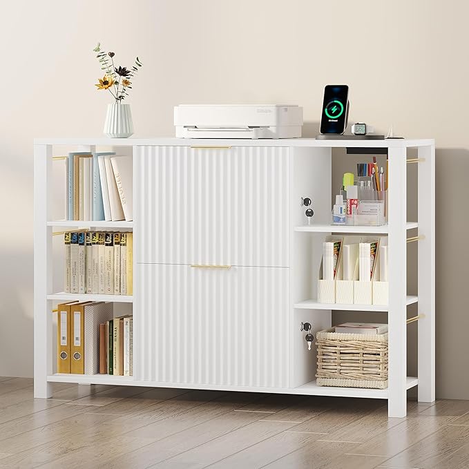 File Cabinet for Home Office, Fluted Filing Cabinet with 2 Drawers Fit Letter/Legal/A4 Folders with Tabs, Printer Stand with Lock & 2 Power Outlets, 6 Shelves (1, White)