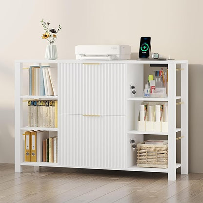 File Cabinet for Home Office, Fluted Filing Cabinet with 2 Drawers Fit Letter/Legal/A4 Folders with Tabs, Printer Stand with Lock & 2 Power Outlets, 6 Shelves (1, White)