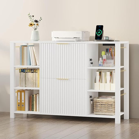 File Cabinet for Home Office, Fluted Filing Cabinet with 2 Drawers Fit Letter/Legal/A4 Folders with Tabs, Printer Stand with Lock & 2 Power Outlets, 6 Shelves (1, White)