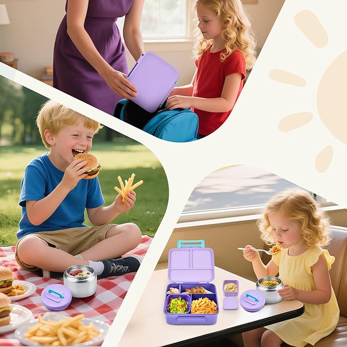 Bento Lunch Box for Kids with 8oz Soup Thermo Leak-Proof Lunch Food Containers with Snack Sauce Container for Kid Girls Boys to School,Purple