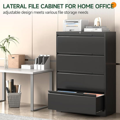 Lateral File Cabinet with Lock, 4 Drawer Lateral File Cabinets, Metal Filing Cabinets for Home Office, Black Deep Drawer for Hanging Files Letter/Legal/A4/F4 Size, Printer Stand, Assembly Required