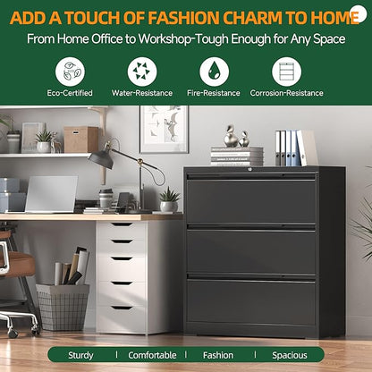 Lateral File Cabinet, 3 Drawer Lateral File Cabinet with Lock, Metal Filing Cabinets for Home Office, Black Wide Deep Drawer for Hanging Files Letter/Legal/A4/F4 Size, Printer Stand, Assembly Required