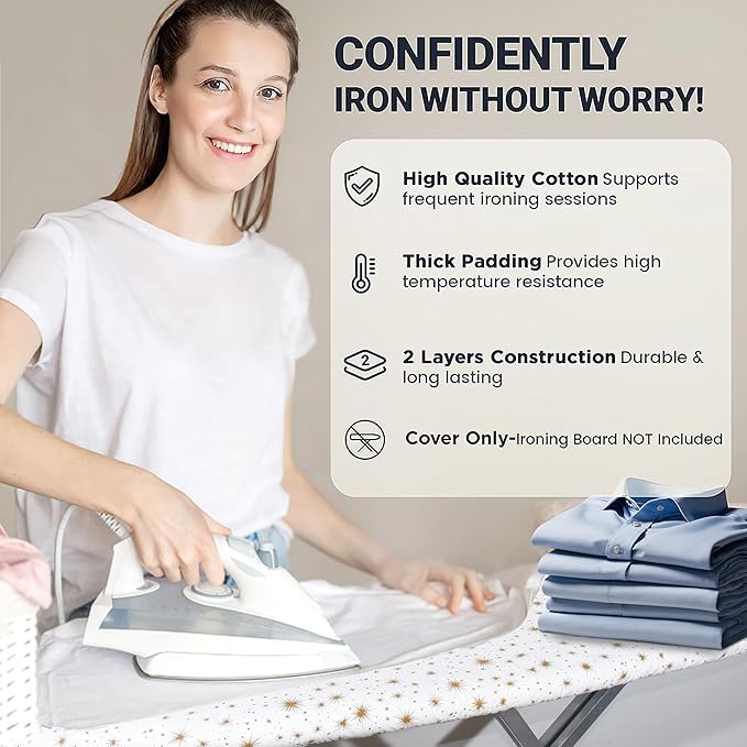 Ironing Board Cover and Pad 15"x54" Extra Thick Natural Cotton, Scorch and Stain Resistant Padding, Standard Size Iron Board Cover with Fasteners Heavy Duty Elastic Edge, Heatproof Starlight