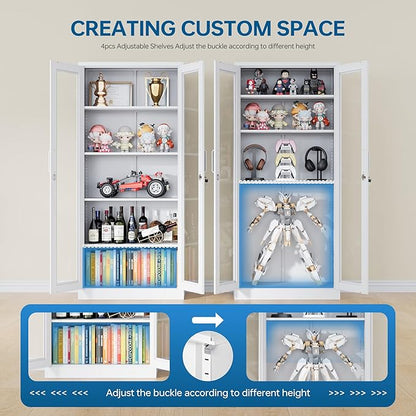 Display Cabinet with Glass Doors, 71 Inches Metal Display Case with 4 Adjustable Shelves, Curio Storage Cabinet with Lock for Home, Office, Book, Pantry, Assemble Required (White)