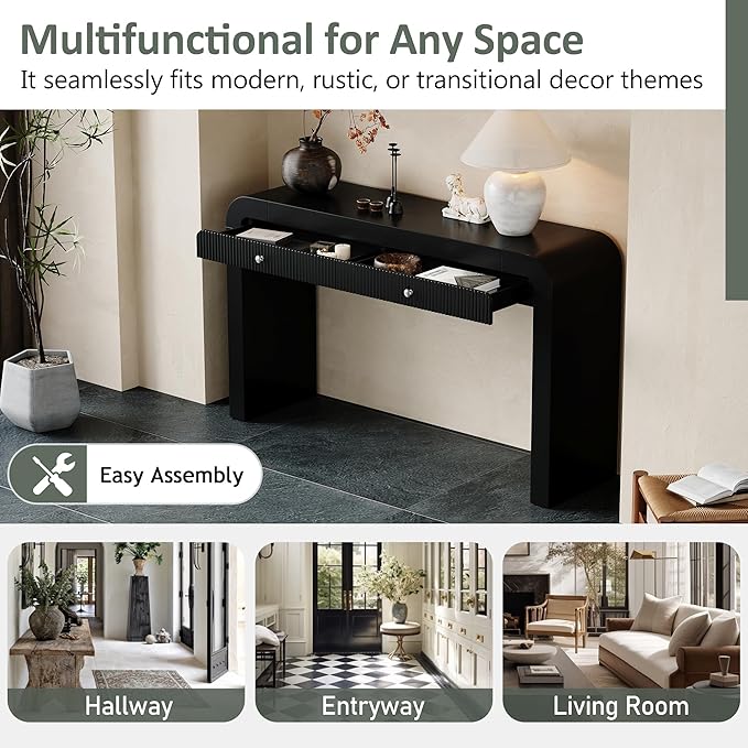 54.3" Rustic Console Table with Fluted Drawer Front,Entryway Table with Curved Corners & Thick Legs,Sturdy Sofa Table for Hallway & Living Room,Black