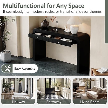 54.3" Rustic Console Table with Fluted Drawer Front,Entryway Table with Curved Corners & Thick Legs,Sturdy Sofa Table for Hallway & Living Room,Black