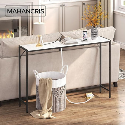 Console Table, Narrow Sofa Table Behind Couch, 43.3” Entrance Table with Power Station, Simple Style, for Living Room, Hallway, Entryway, Foyer, Marble and Black CTHM112E01