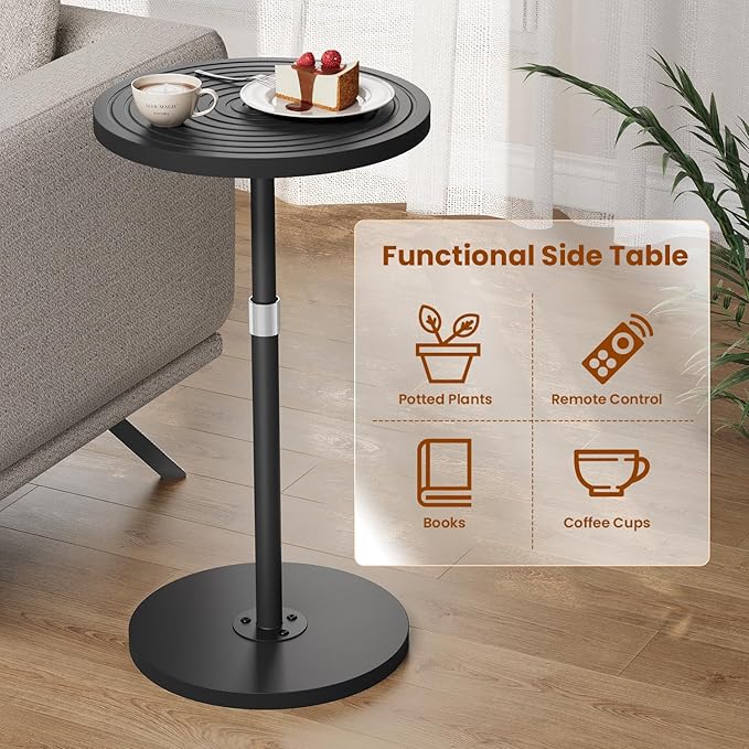Round Side Table Set of 2, Adjustable-Height Small Drink Table, Pedestal Martini Stand, Weighted Base Cocktail Table Accent Nightstand for Living Room, Bedroom, Bathroom, Office, Black