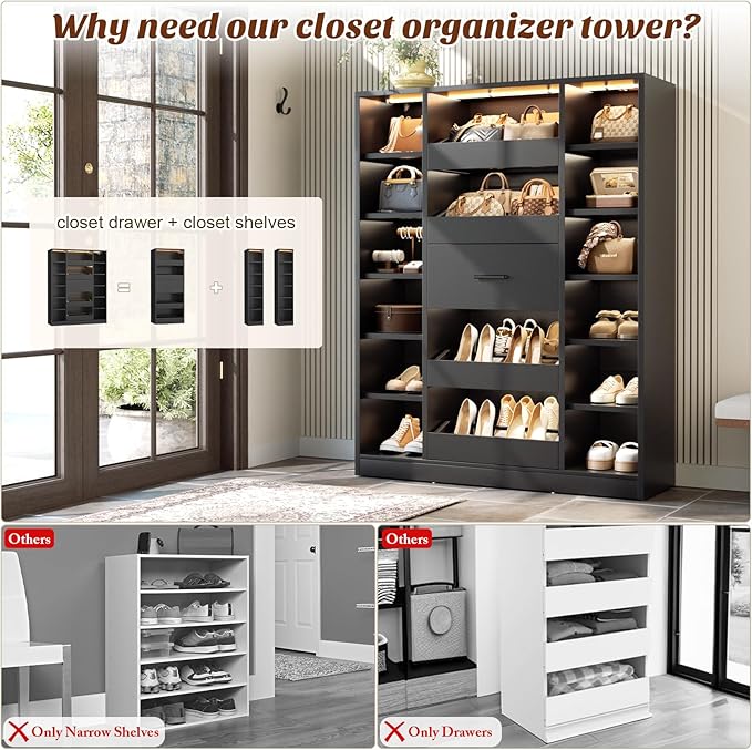 40" Closet System with LED Lights, Wooden Closet Organizer with 5 Drawers & 12 Shelves, Versatile Closet Storage Tower for Walk-in Closets, Shoe Rack and Handbag Storage Cabinet, Black