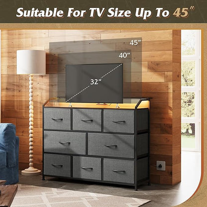WLIVE Dresser TV Stand with Power Outlets, Led Dresser for Bedroom, Fabric Chest of Drawers with Double Open Shelves, Wood Top, Steel Frame, 6 Drawer Dressers for Closet, Living Room, Dark Grey