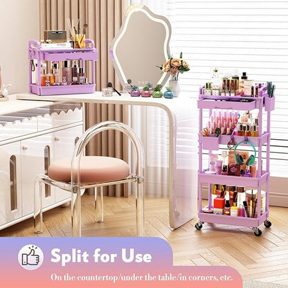 Makeup Cart Organizer with Drawers, 4 Tier Floor Skincare Organizers for Vanity, Rolling Makeup Bathroom Storage Cart Cosmetics Display Cases for Skin Care Perfume Nail Polish, Purple